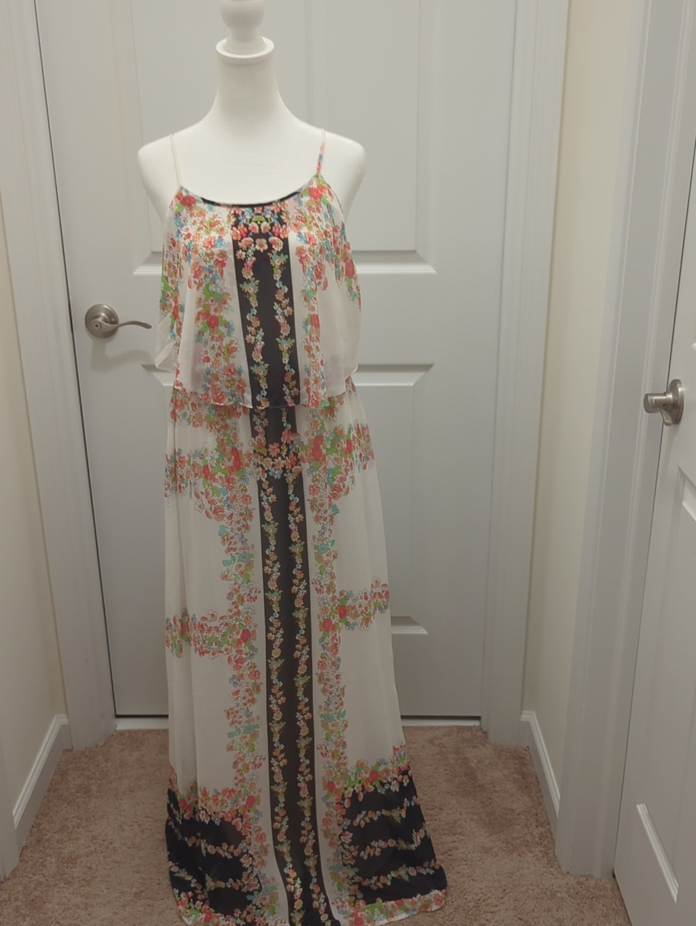 Floral Printed Ivory Maxi Dress with Black Trim